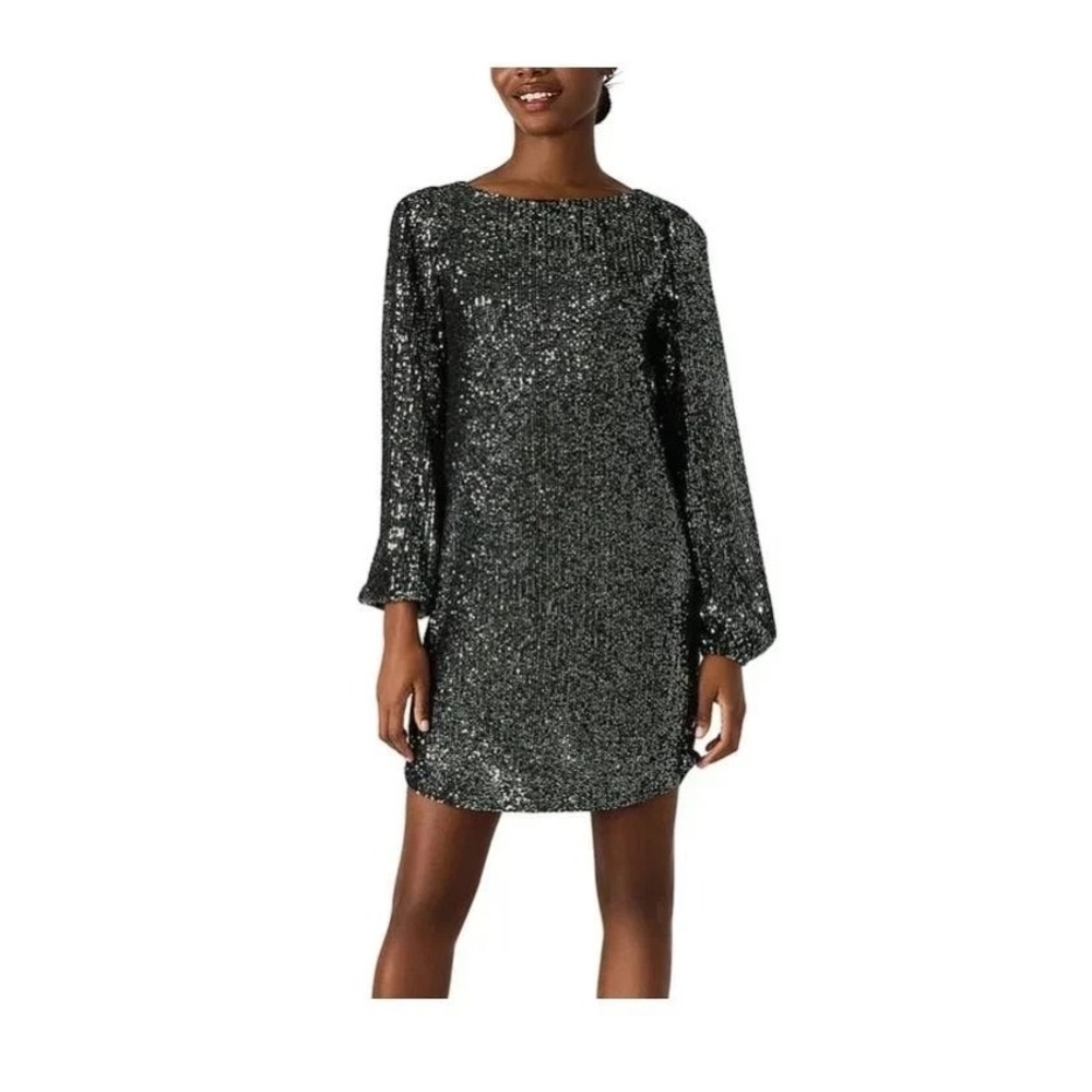 Steve Madden Women's Sequin Mini Long Sleeve Shoulder Pads Dress, Silver, Medium